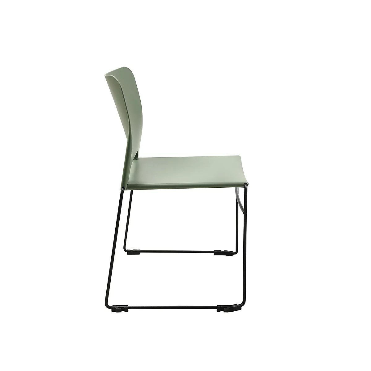 Ein grüner Stuhl im Profil, mit schwarzem Gestell. Der Sitz und die Rückenlehne sind leicht gebogen.