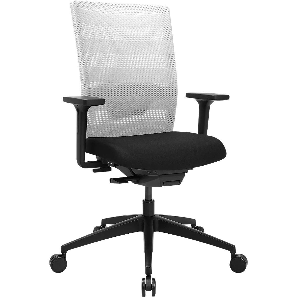 Moderner Büro-Drehstuhl mit weißer Netzrückenlehne und schwarzem Sitzpolster auf Rollfußkreuz.