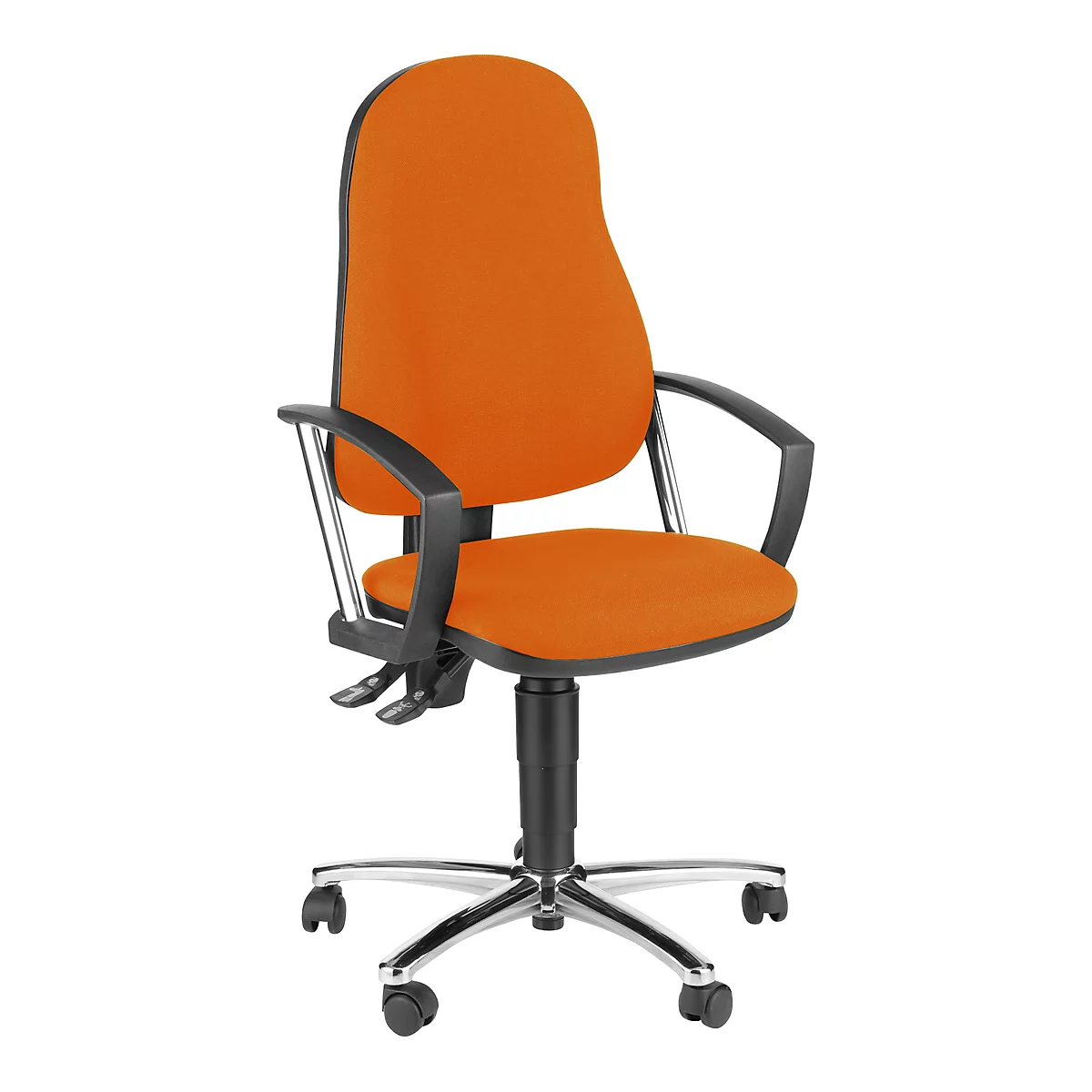 Bürostuhl in Orange, mit schwarzer Armlehne und silbernen Beinen.