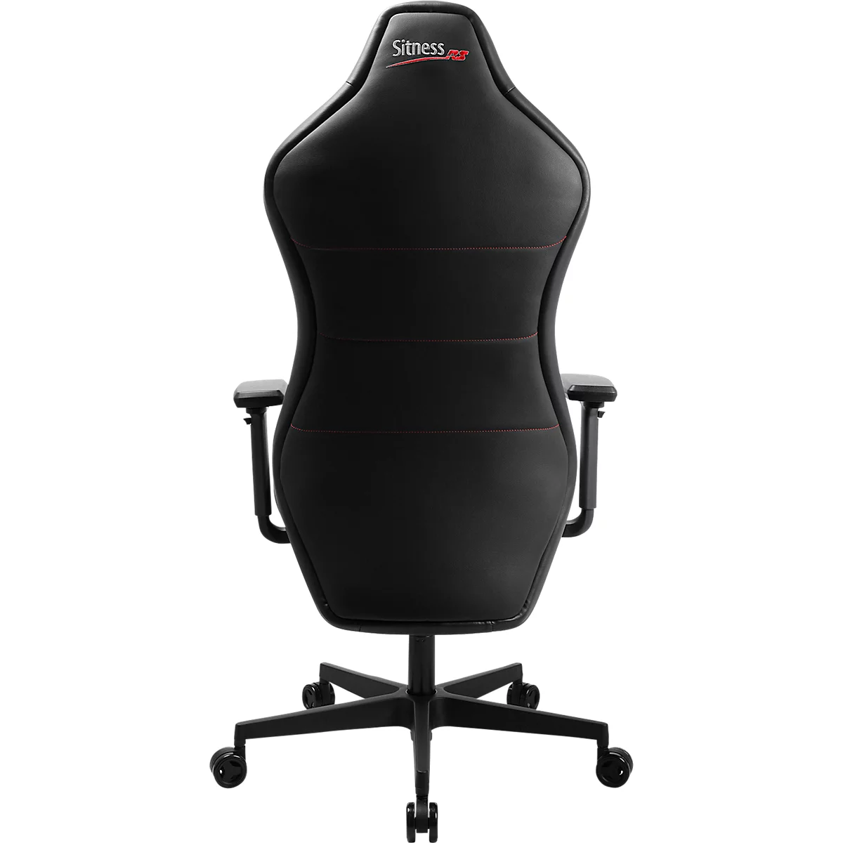 Schwarzer Gaming-Stuhl, Rückansicht. Mit roter Naht und "Sitness Pro" Schriftzug. Armlehnen, Rollen und Fußkreuz aus schwarzem Kunststoff.