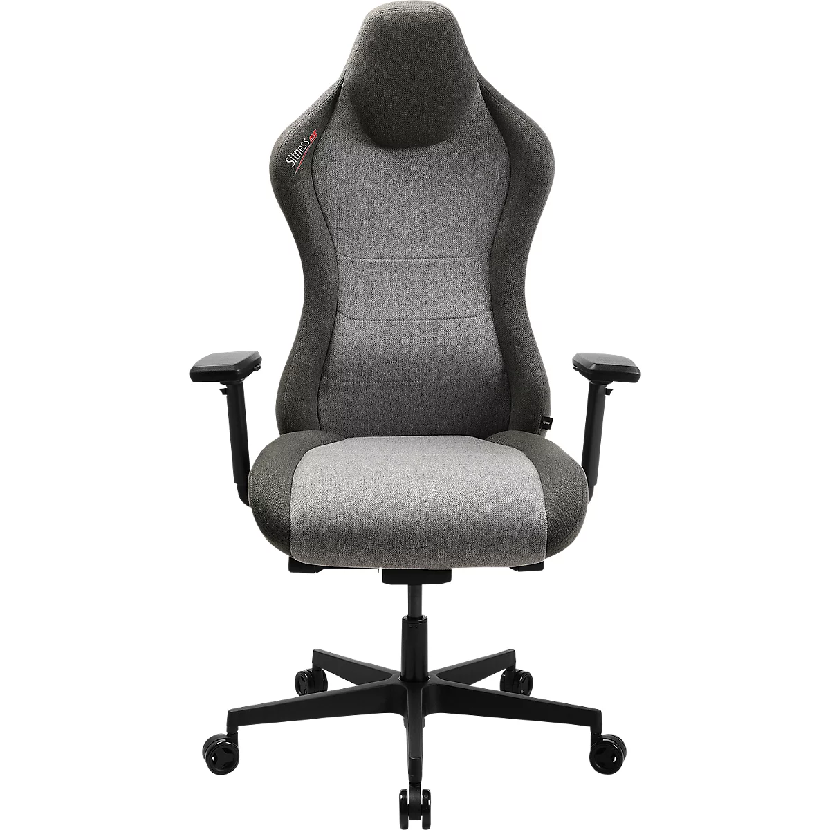 Grauer ergonomischer Bürostuhl mit Armlehnen, auf Rollen stehend.