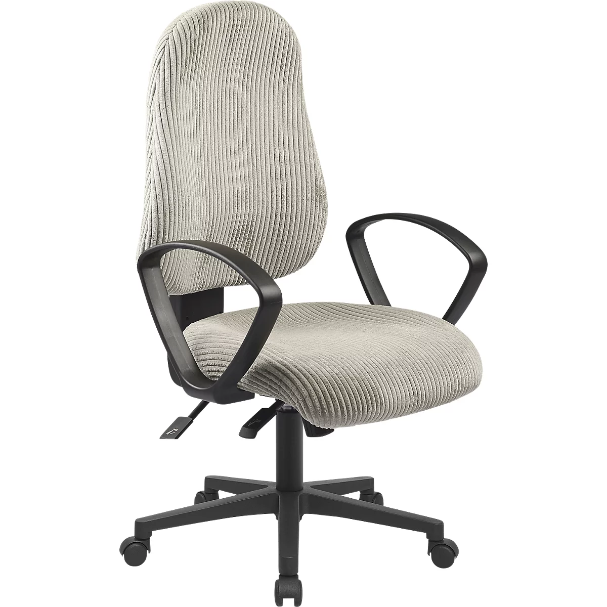 Beiger Bürostuhl mit Kordstoffbezug, schwarzem Gestell und Armlehnen vor neutralem Hintergrund.