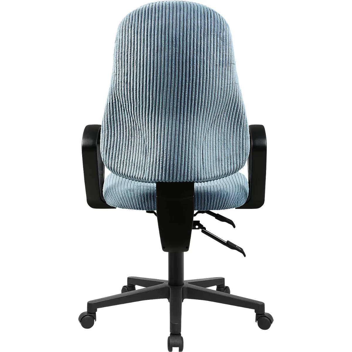Rückansicht eines hellblauen Bürostuhls mit geripptem Stoffbezug, schwarzen Armlehnen und schwarzem Rollgestell.
