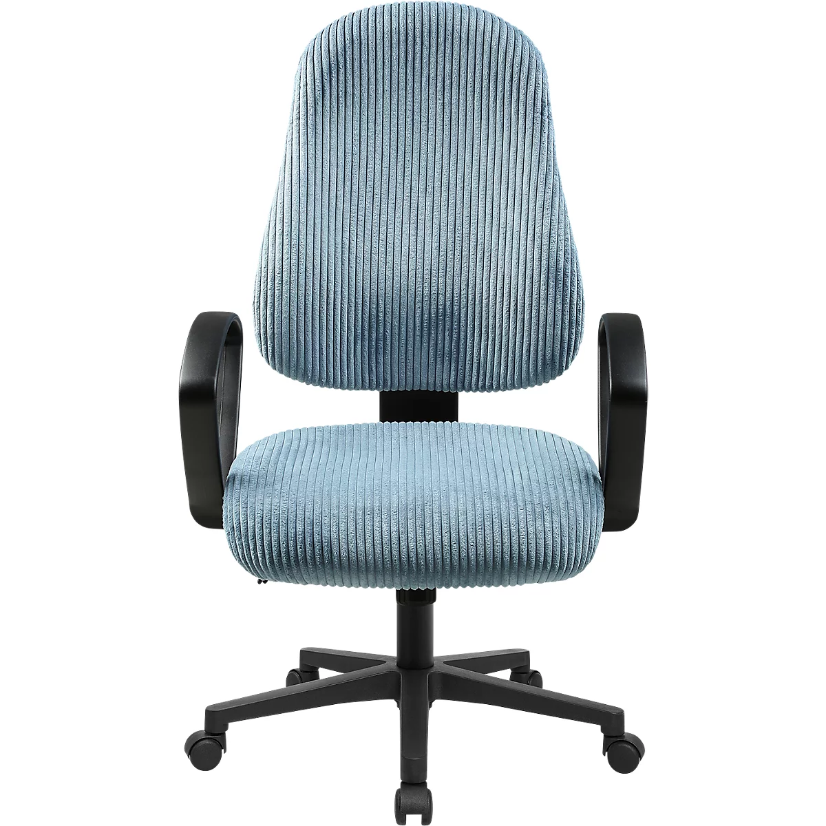 Bürostuhl mit hellblauem Cordbezug, schwarzen Armlehnen und schwarzem Rollengestell vor weißem Hintergrund.