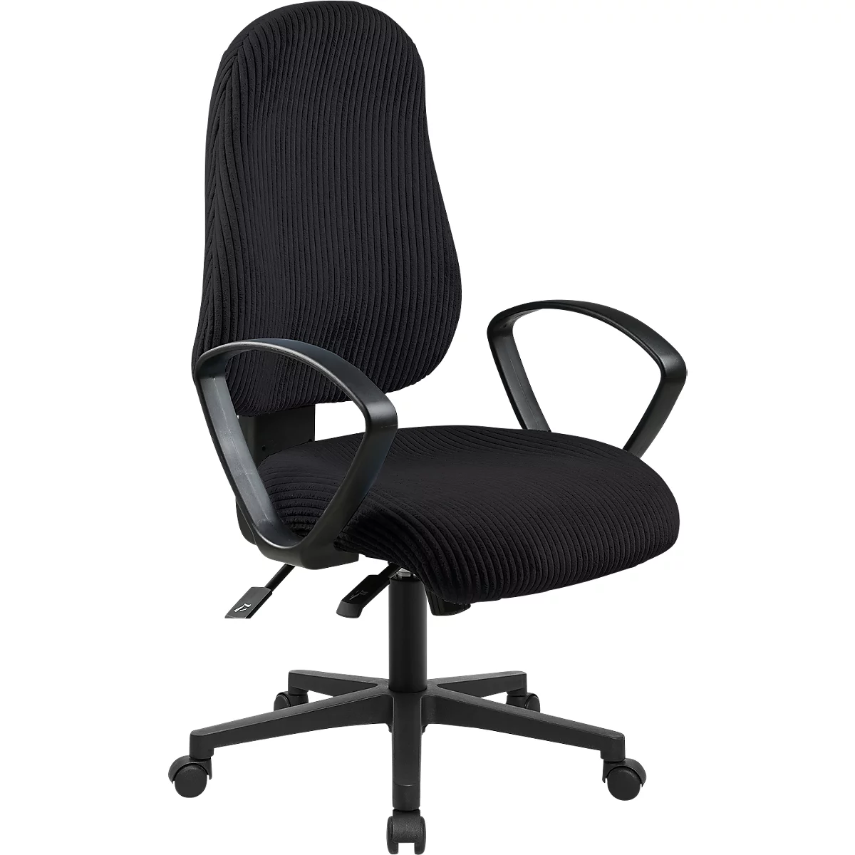 Schwarzer, ergonomischer Bürostuhl mit hoher Rückenlehne, Armlehnen und Rollen auf weißem Hintergrund.