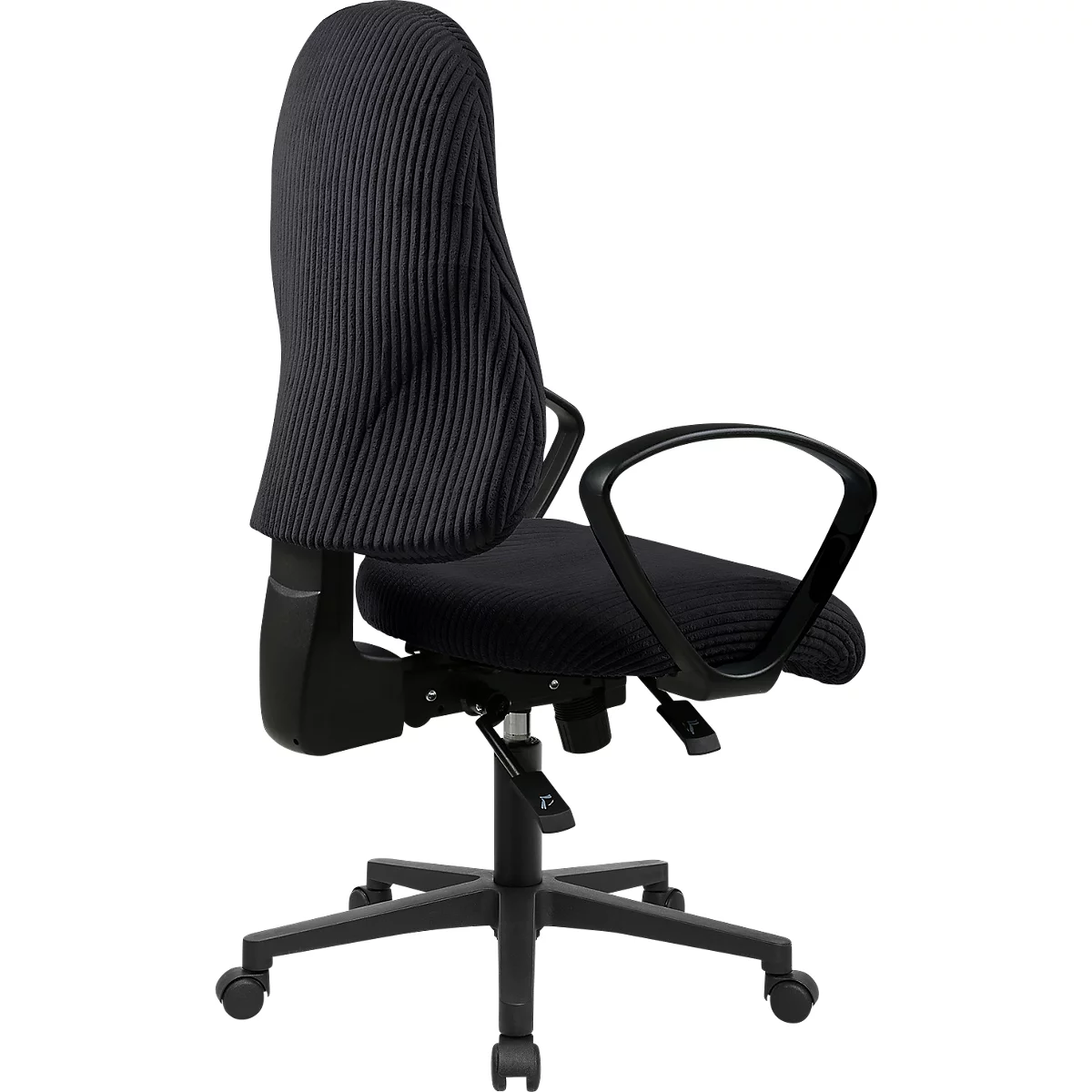 Schwarzer, ergonomischer Bürostuhl mit geripptem Stoffbezug, Armlehnen und Rollgestell vor weißem Hintergrund.