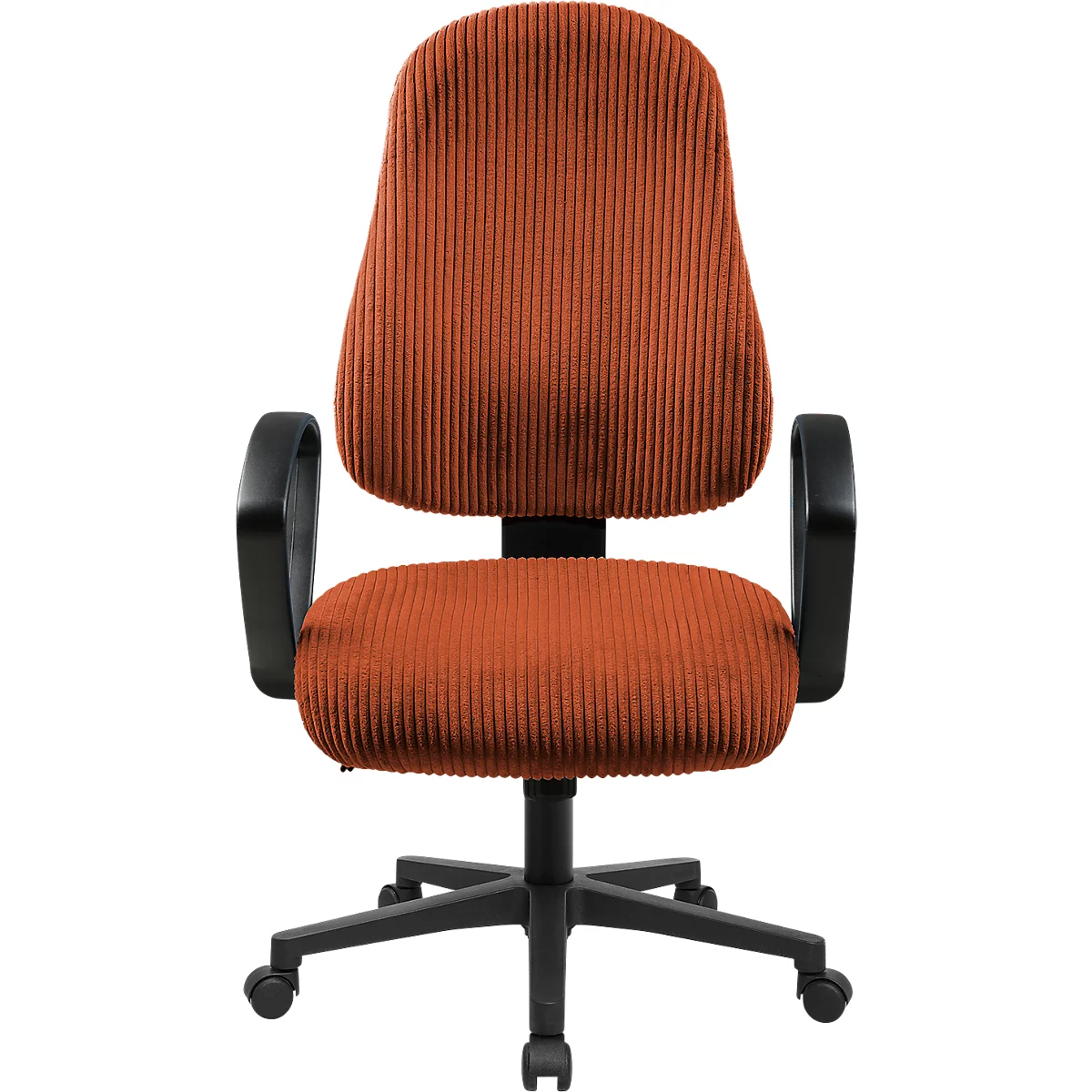 Bürostuhl mit rostorangem Cordbezug, schwarzem Gestell, Armlehnen und Rollen vor weißem Hintergrund.