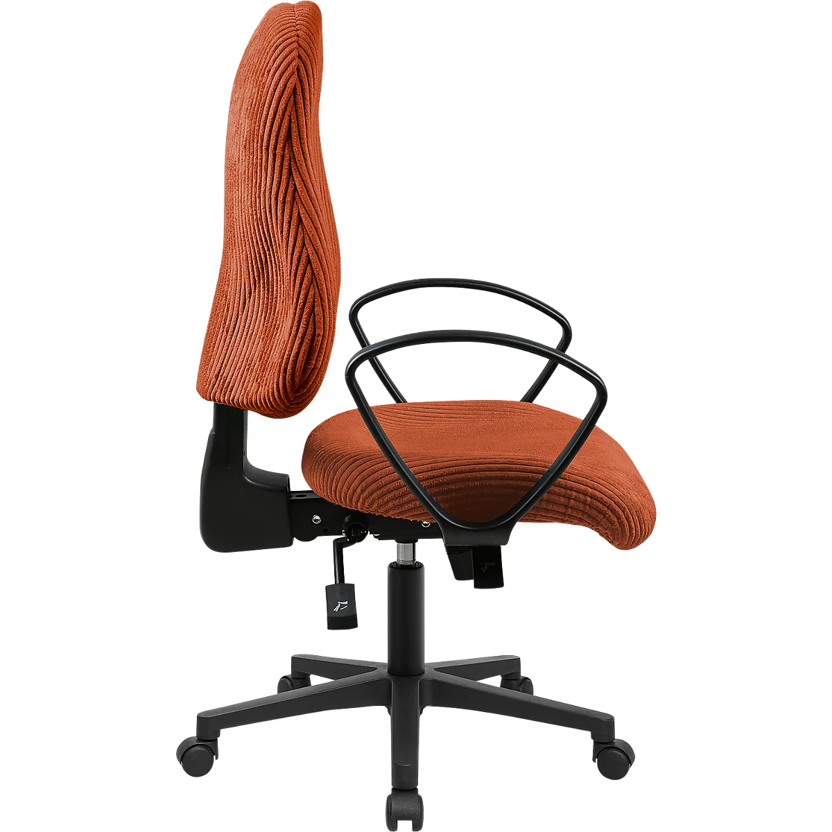 Bürostuhl mit orangefarbenem Kordbezug, schwarzem Gestell und Armlehnen vor weißem Hintergrund.