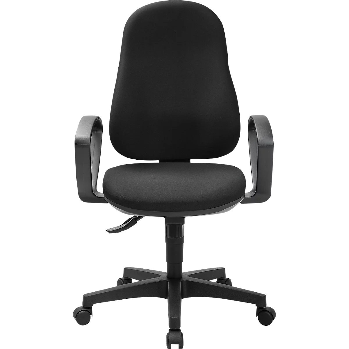 Schwarzer Bürostuhl mit Armlehnen, Rollen und höhenverstellbarer Sitzfläche.