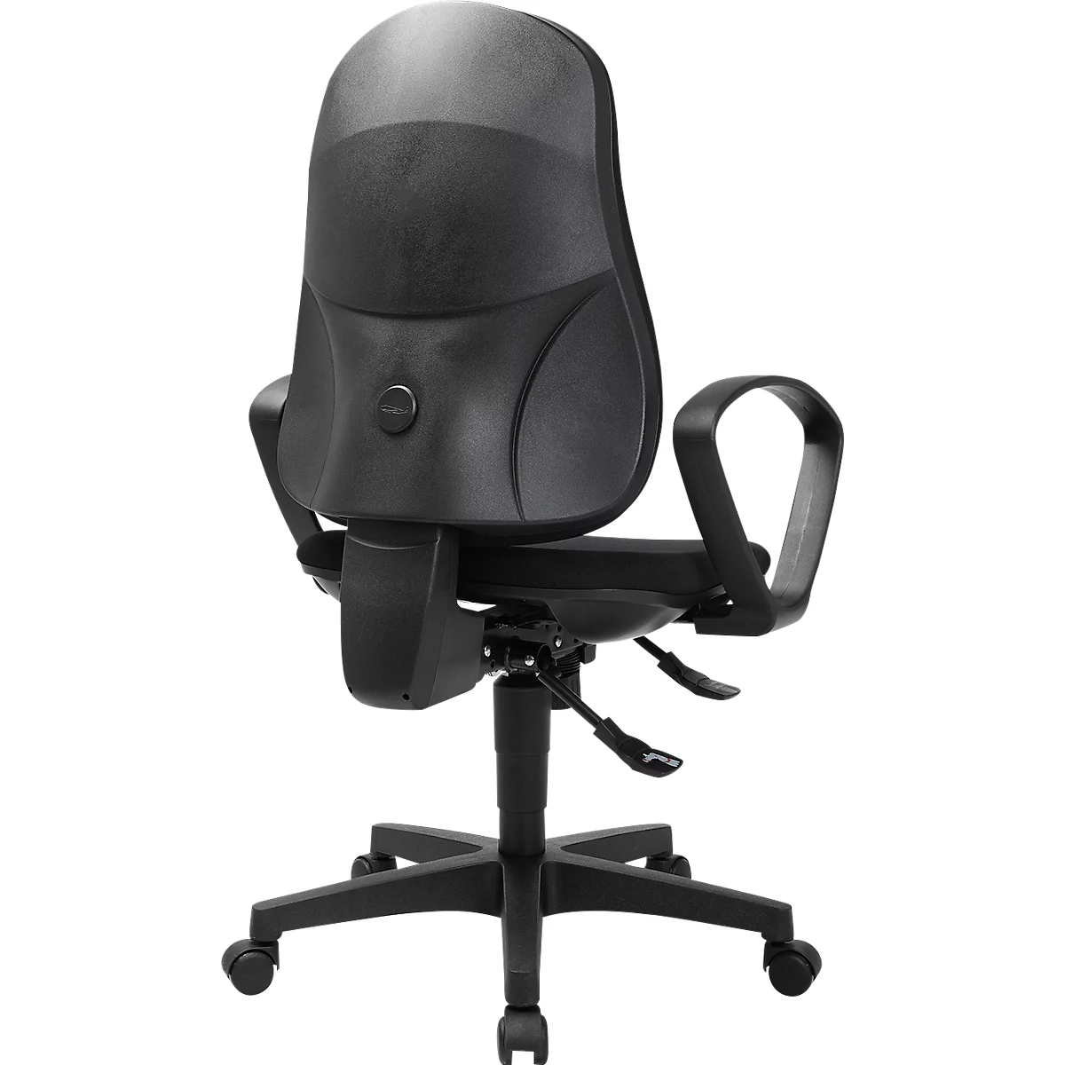 Schwarzer Bürostuhl von hinten, Details: Rückenlehne, Armlehnen, Rollen und Hebel zur Höhenverstellung.