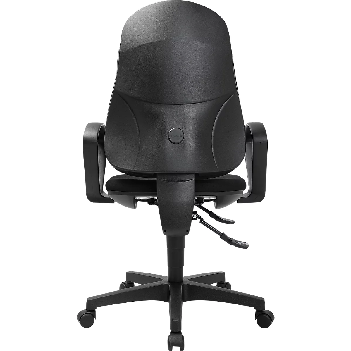 Schwarzer Bürostuhl, Rückansicht. Ergonomisch geformte Rückenlehne, Armlehnen, Sitzfläche, Fußkreuz mit Rollen.