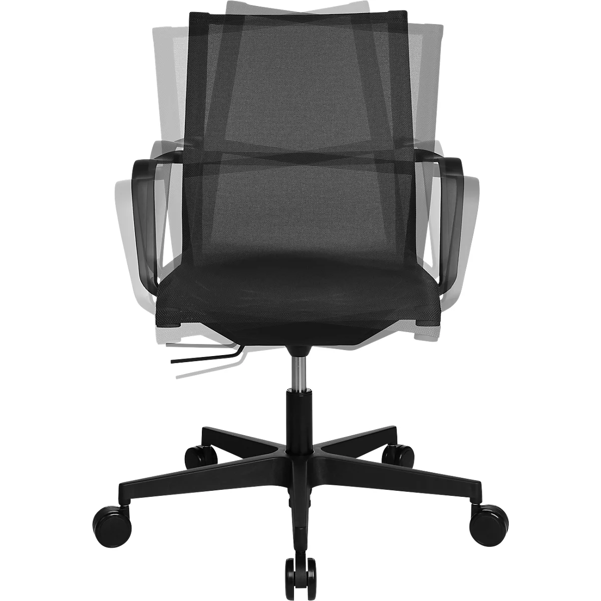 Zwarte bureaustoel op wielen met een geïllustreerde kantelfunctie tegen een witte achtergrond.