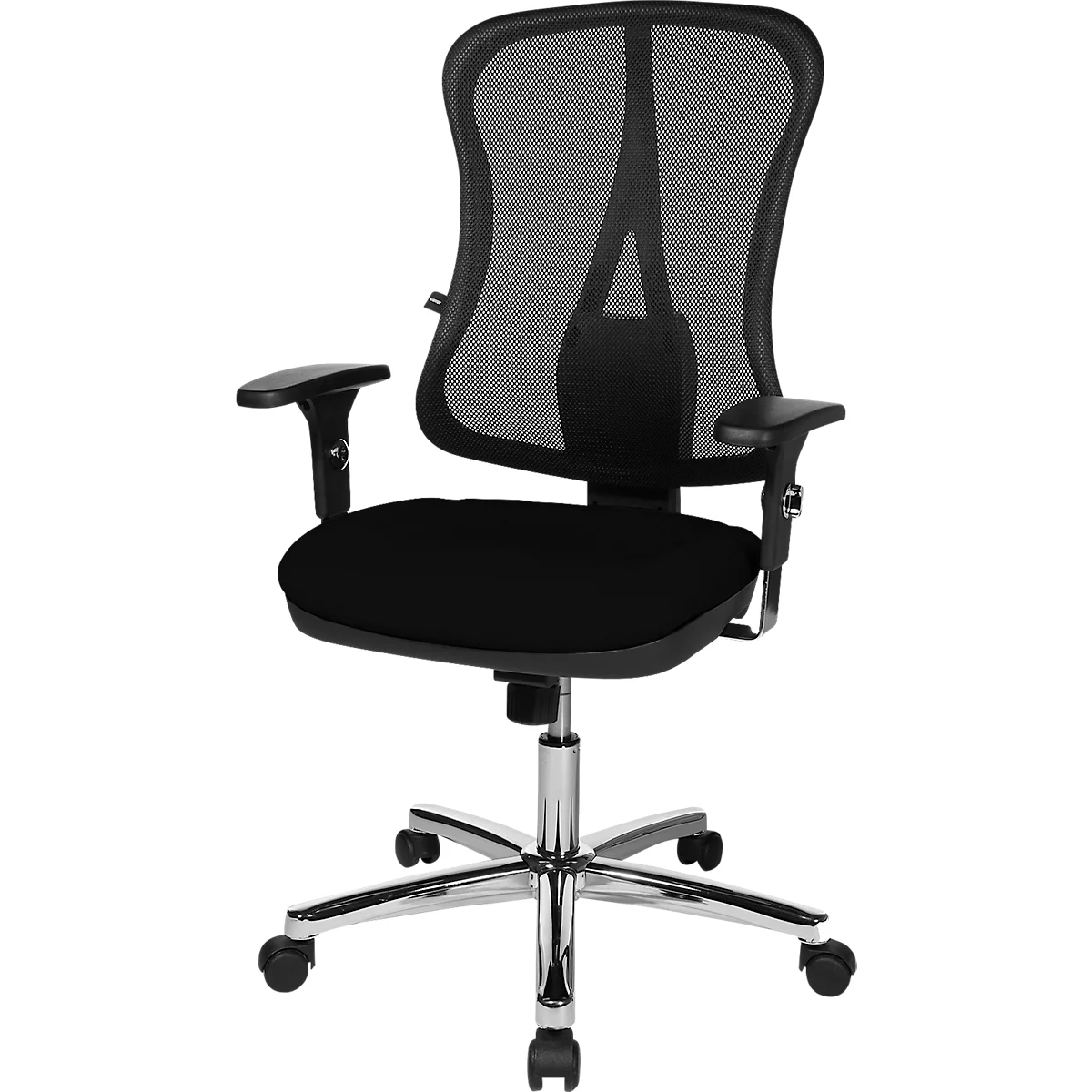 Chaise de bureau noire avec dossier en filet, accoudoirs et base chromée.