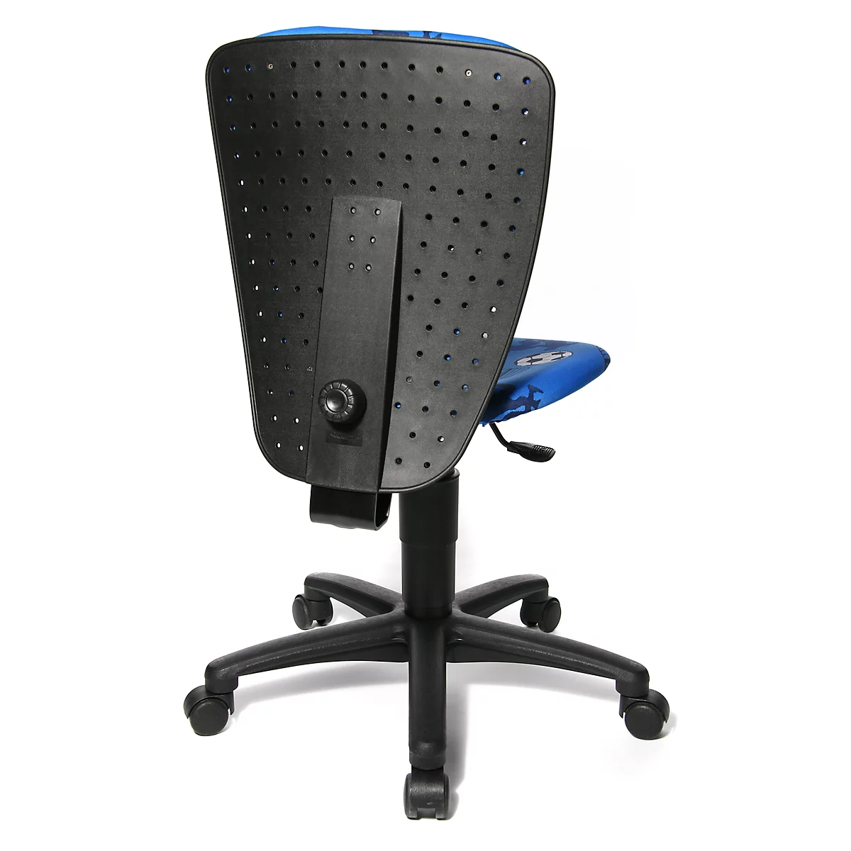 Back view of a black office chair with a blue seat. Backrest with holes, adjustable. Rolling feet.