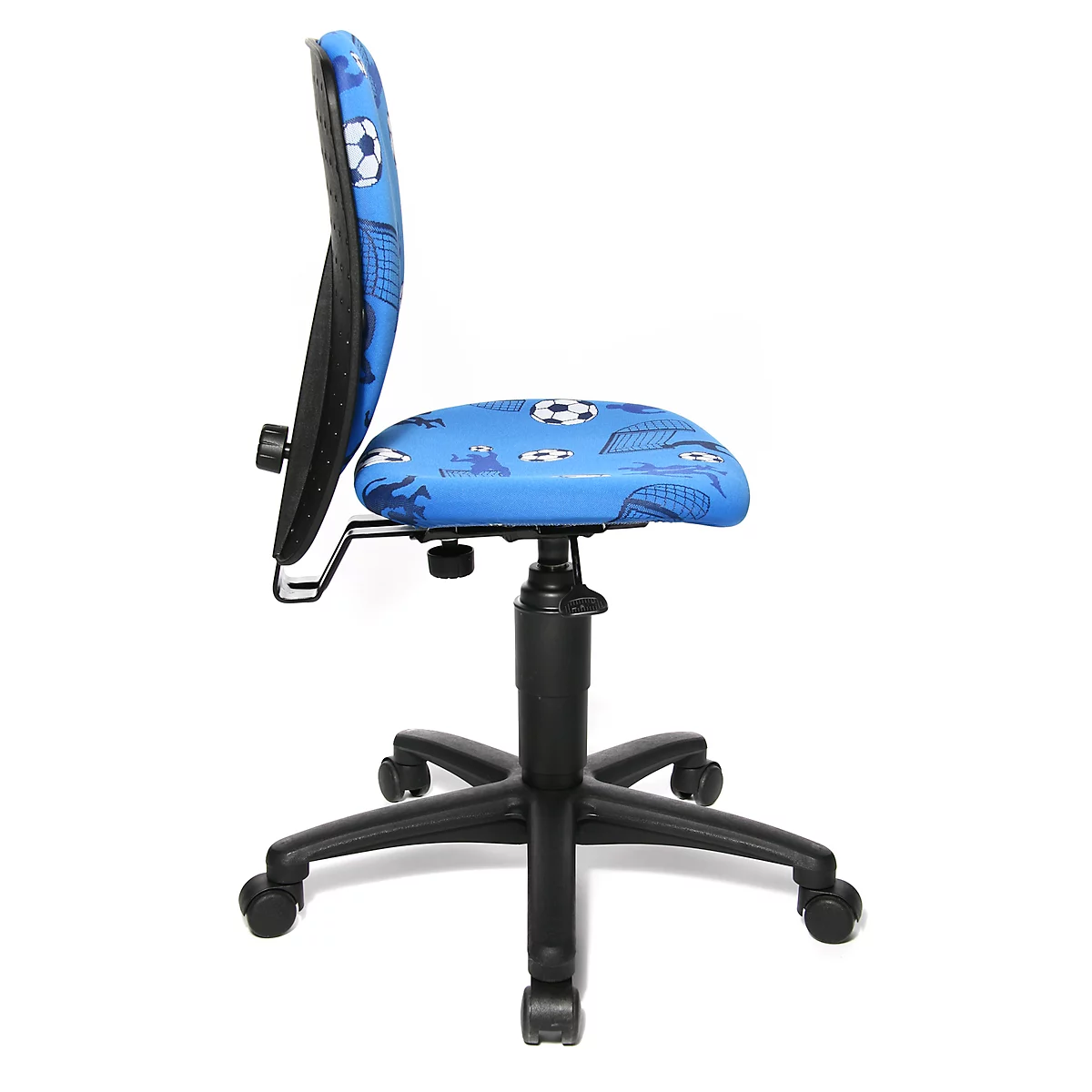 Blue children's swivel chair with football motifs. Black frame, castors, backrest and seat. Side view.