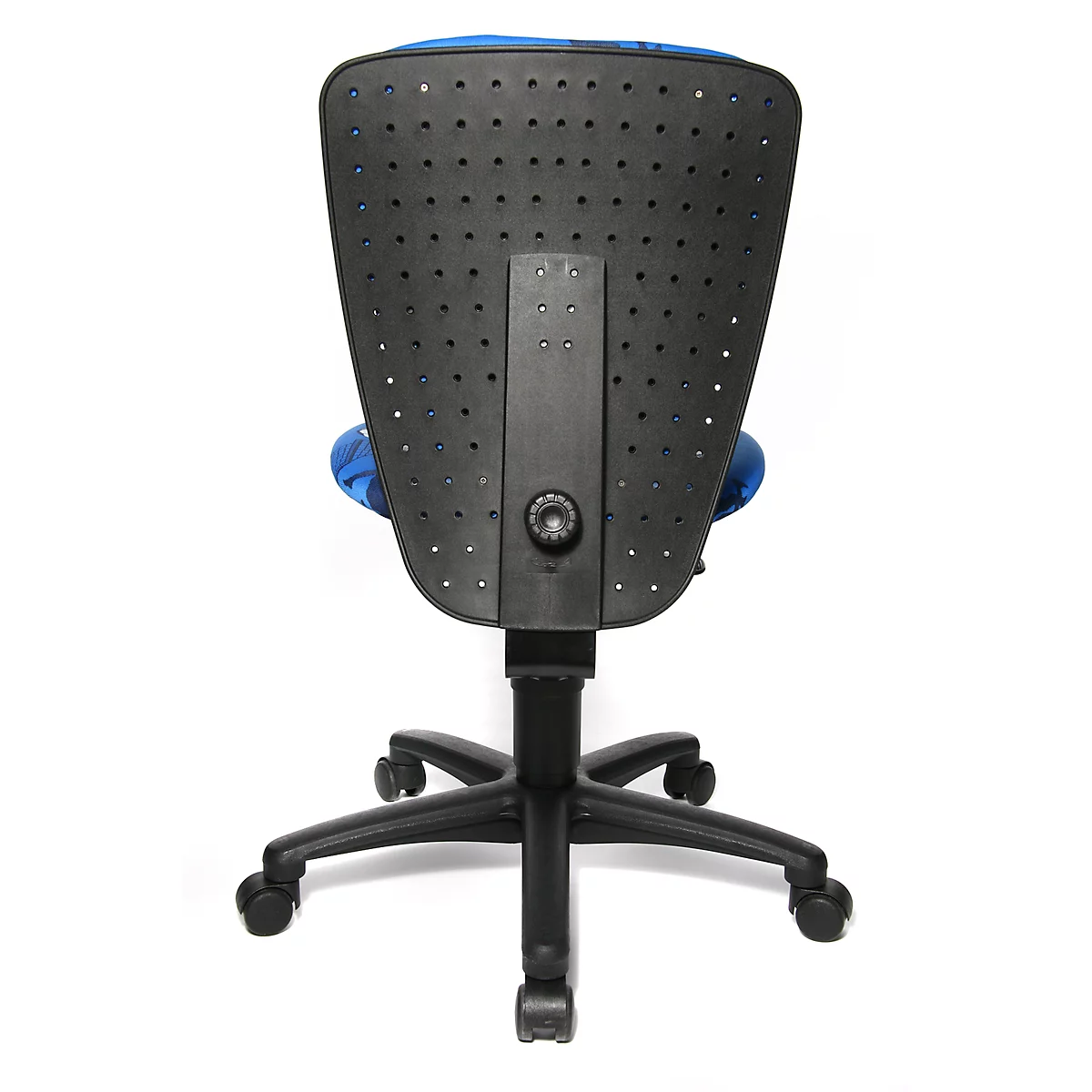 View of an office chair from the back, black back with holes, blue upholstery.
