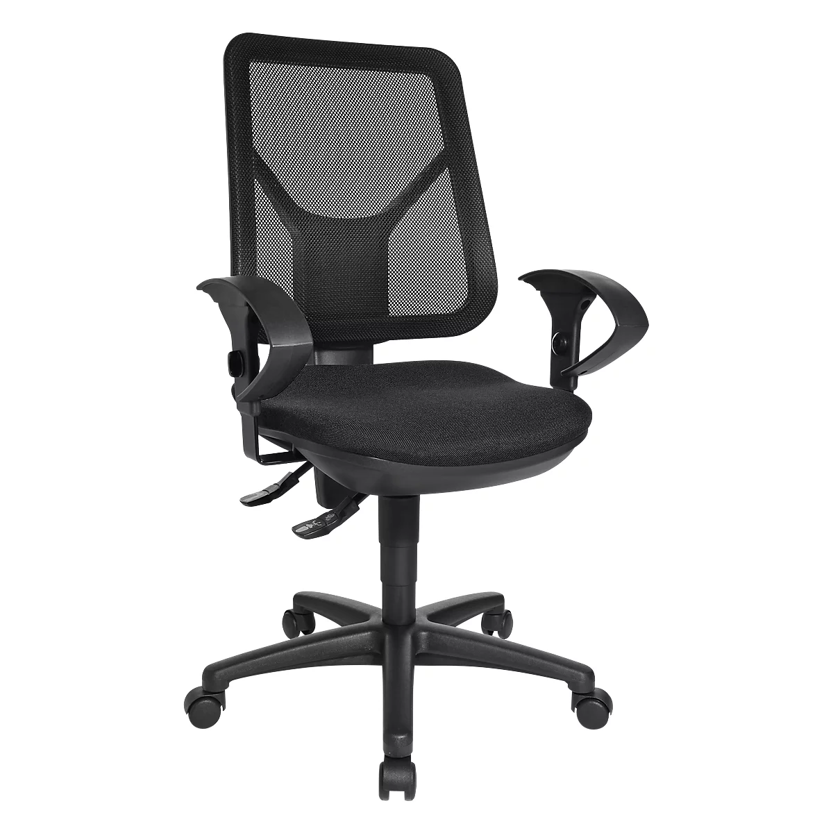 Black office chair with mesh back and armrests on wheels.