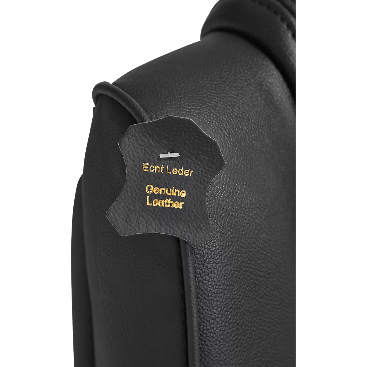 Close-up of a black leather jacket. Label with the inscription "Echt Leder / Genuine Leather".