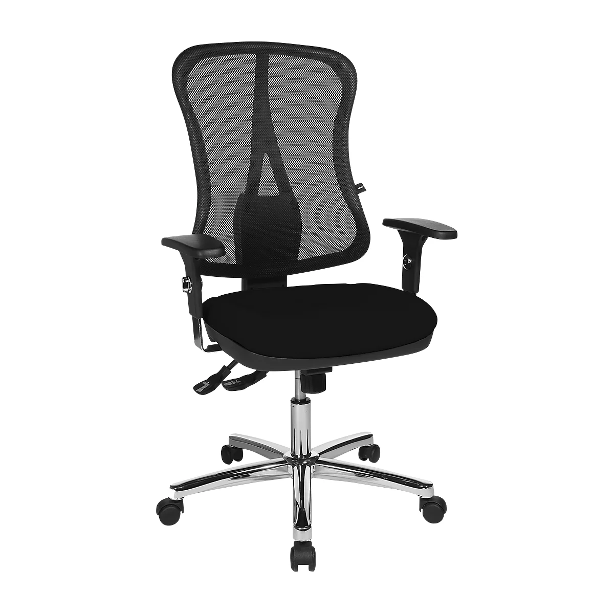 Black office chair with mesh back and adjustable armrests. On a silver frame with wheels.