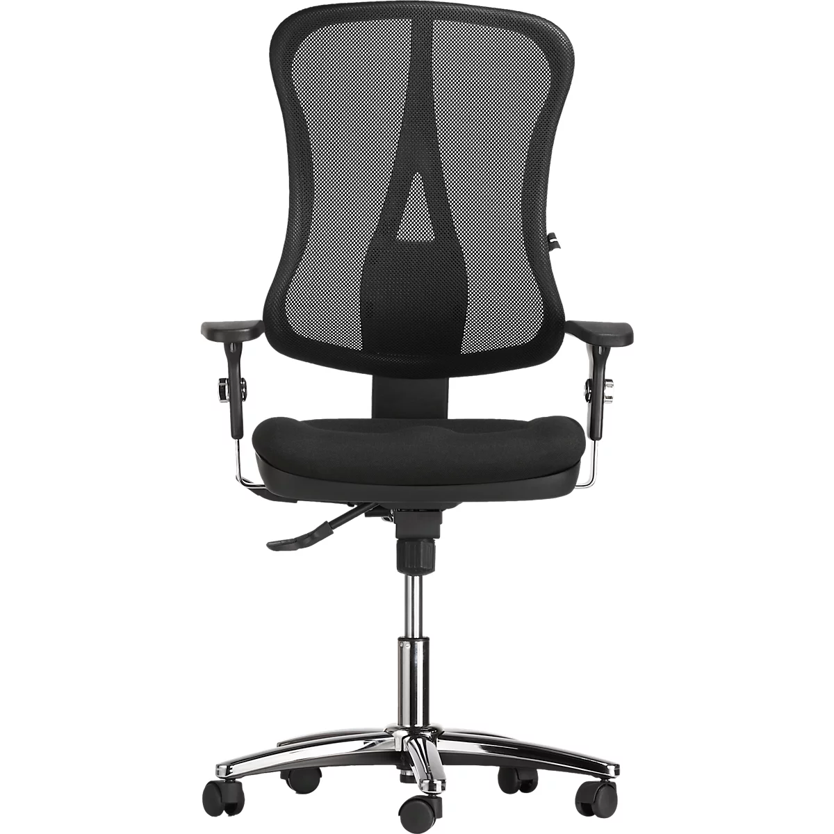 Black office chair, mesh back, chrome frame, armrests. Detailed view.