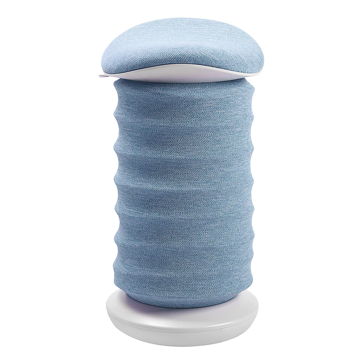 Ein blaues, zylindrisches Produkt mit geriffelter Textur, weißem Sockel und Oberteil.