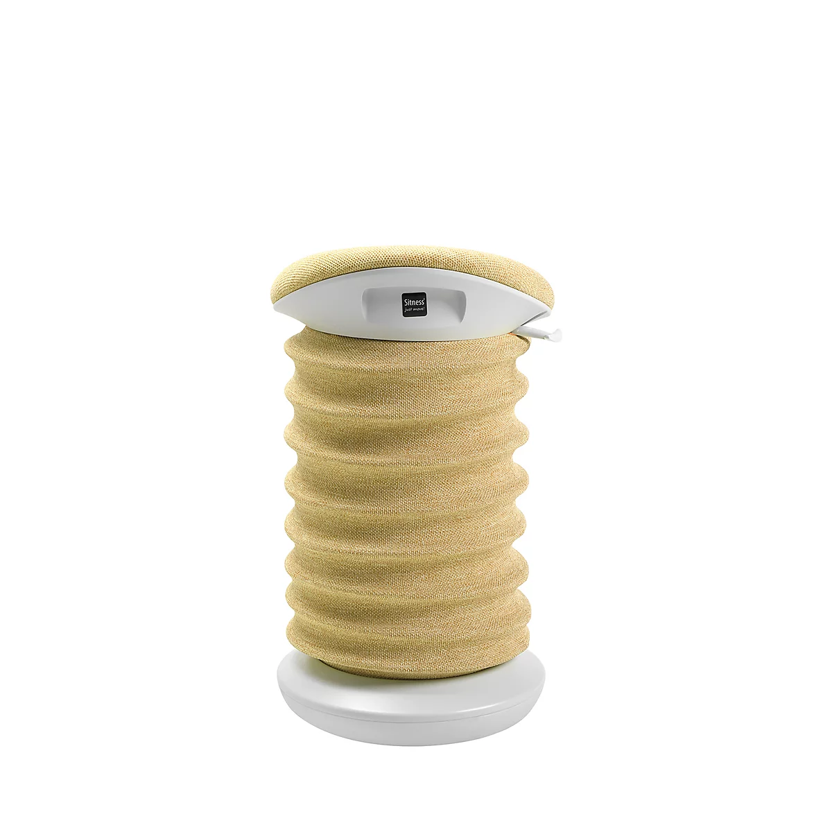 Beigefarbener, geriffelter Hocker mit weißem Sitz und Unterbau, auf weißem Hintergrund.