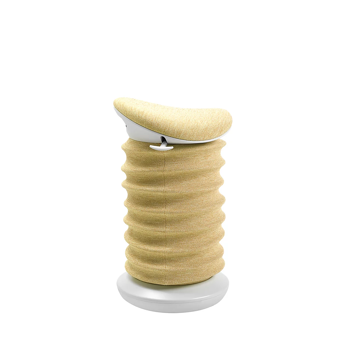 Beigefarbener Hocker mit geriffelter Säule und ovaler Sitzfläche, Details: weißer Unterbau.