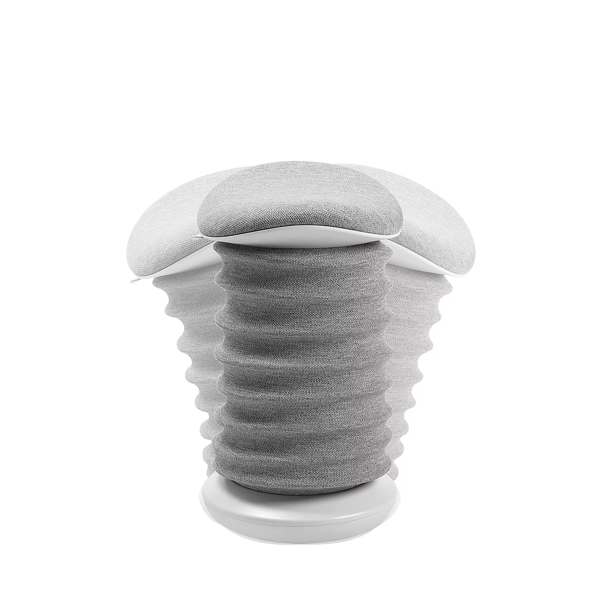 Grauer, pilzförmiger Hocker mit geriffelter Säule, Blütenförmiger Sitzfläche und weißem Sockel, vor weißem Hintergrund.