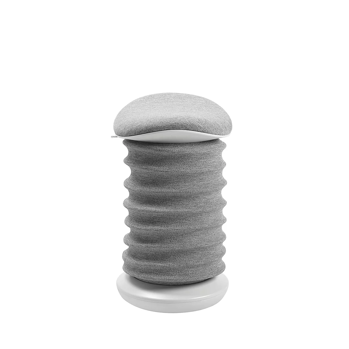 Grauer Hocker, zylindrisch mit geriffelter Oberfläche, abgerundeter Sitz, weißer Sockel.