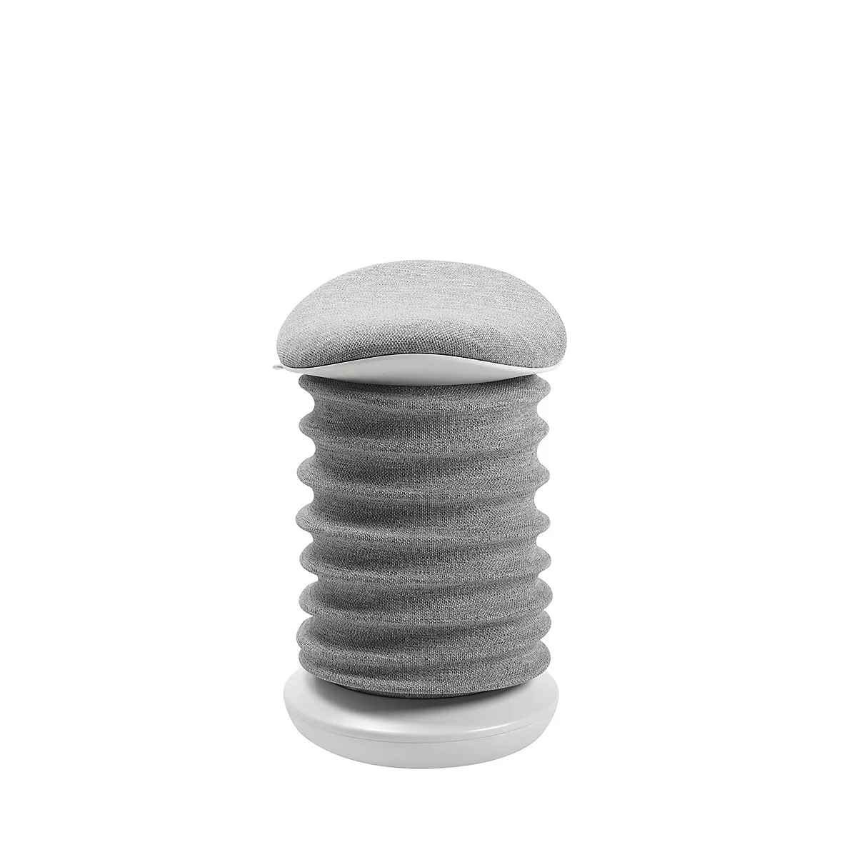 Grauer, geriffelter Hocker mit hellem Deckel und weißer Basis.