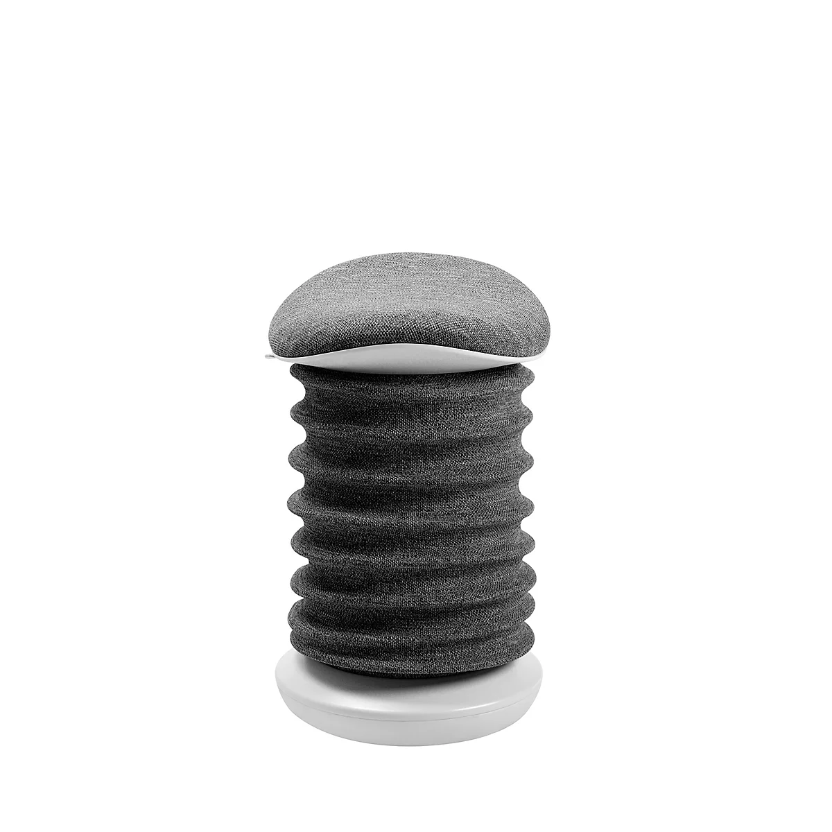 Hocker in Grau, mit einem wellenförmigen Design und runder Sitzfläche, vor weißem Hintergrund.