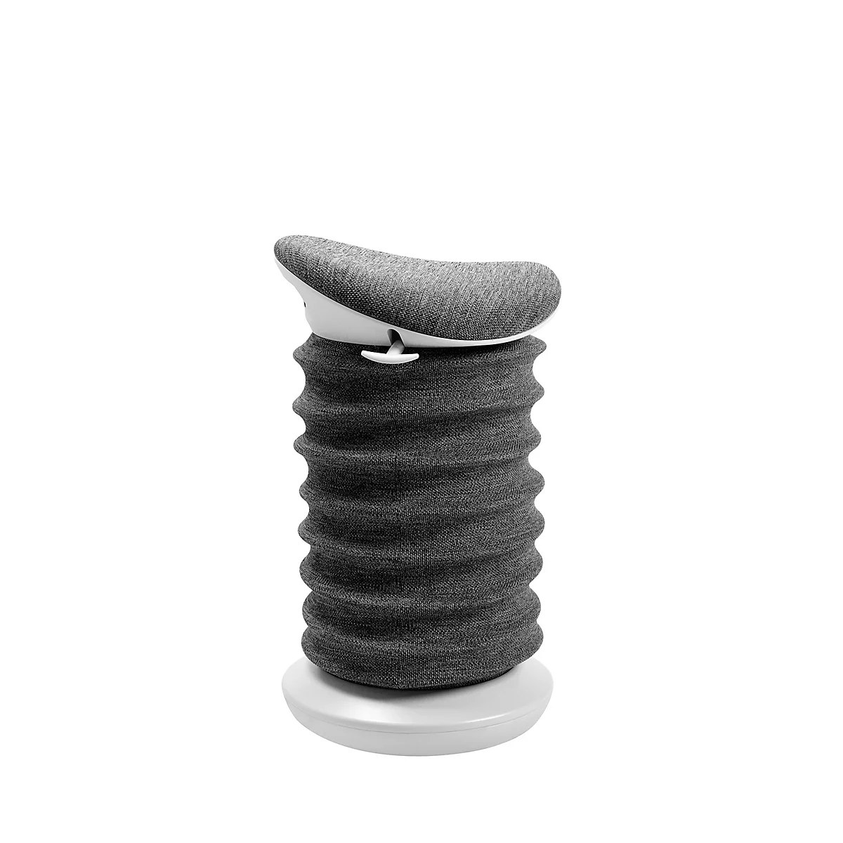 Hocker in Form einer Ziehharmonika, Stoffbezug. Oben eine Sitzfläche, darunter der Korpus, auf einem runden Fuß.