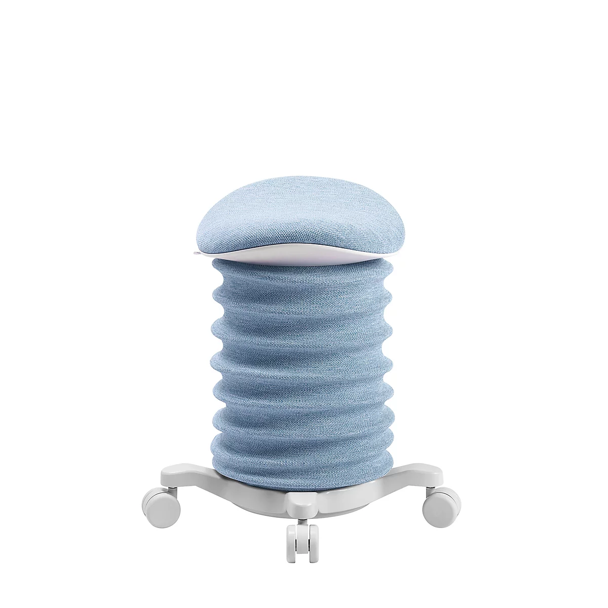 Hellblauer, spiralförmiger Hocker mit Rollen.