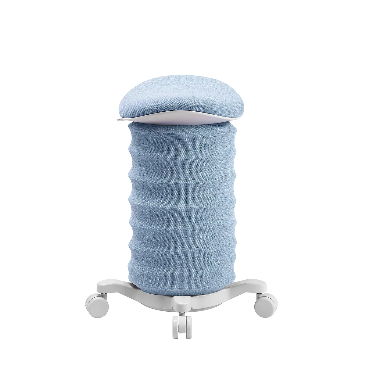 Ein blauer, runder Drehhocker mit Stoffbezug auf einem weißen Untergestell mit Rollen.