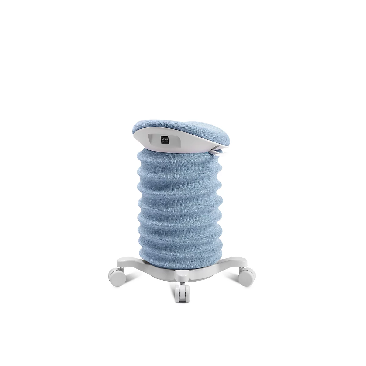 Blau-weißer Sitzhocker mit Federmechanismus und Rollen. Der Sitz ist rund und gepolstert. Der Korpus ist zylindrisch und geriffelt. 