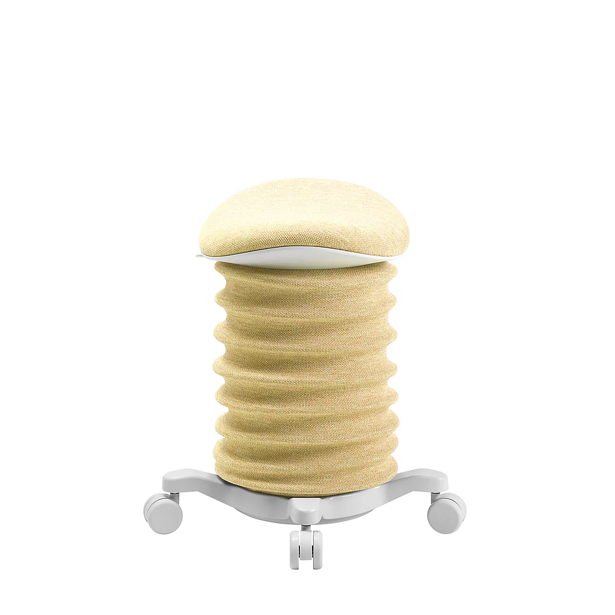 Beige Bürostuhl mit geriffelter Säule und gepolsterter Sitzfläche auf Rollen.
