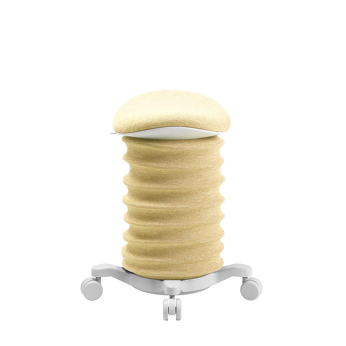 Beigefarbener ergonomischer Hocker mit wellenförmiger Struktur und Rollen.