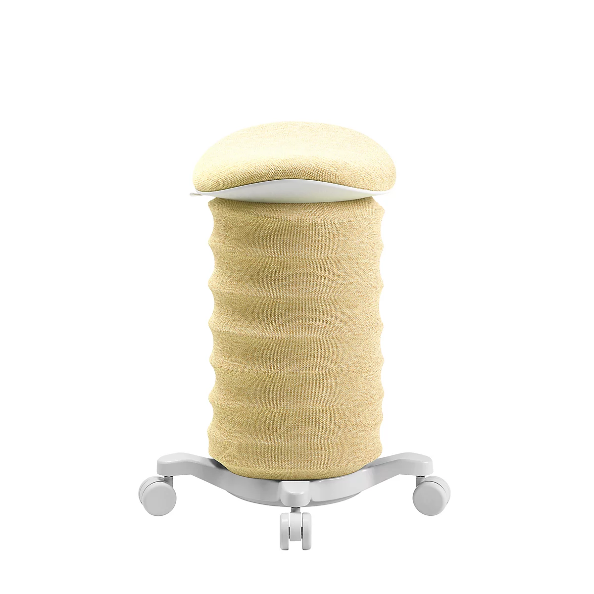 Hocker, der aus einem zylindrischen, beigen Körper und einer runden, hellen Sitzfläche besteht. Er steht auf einem weißen Gestell mit Rollen.