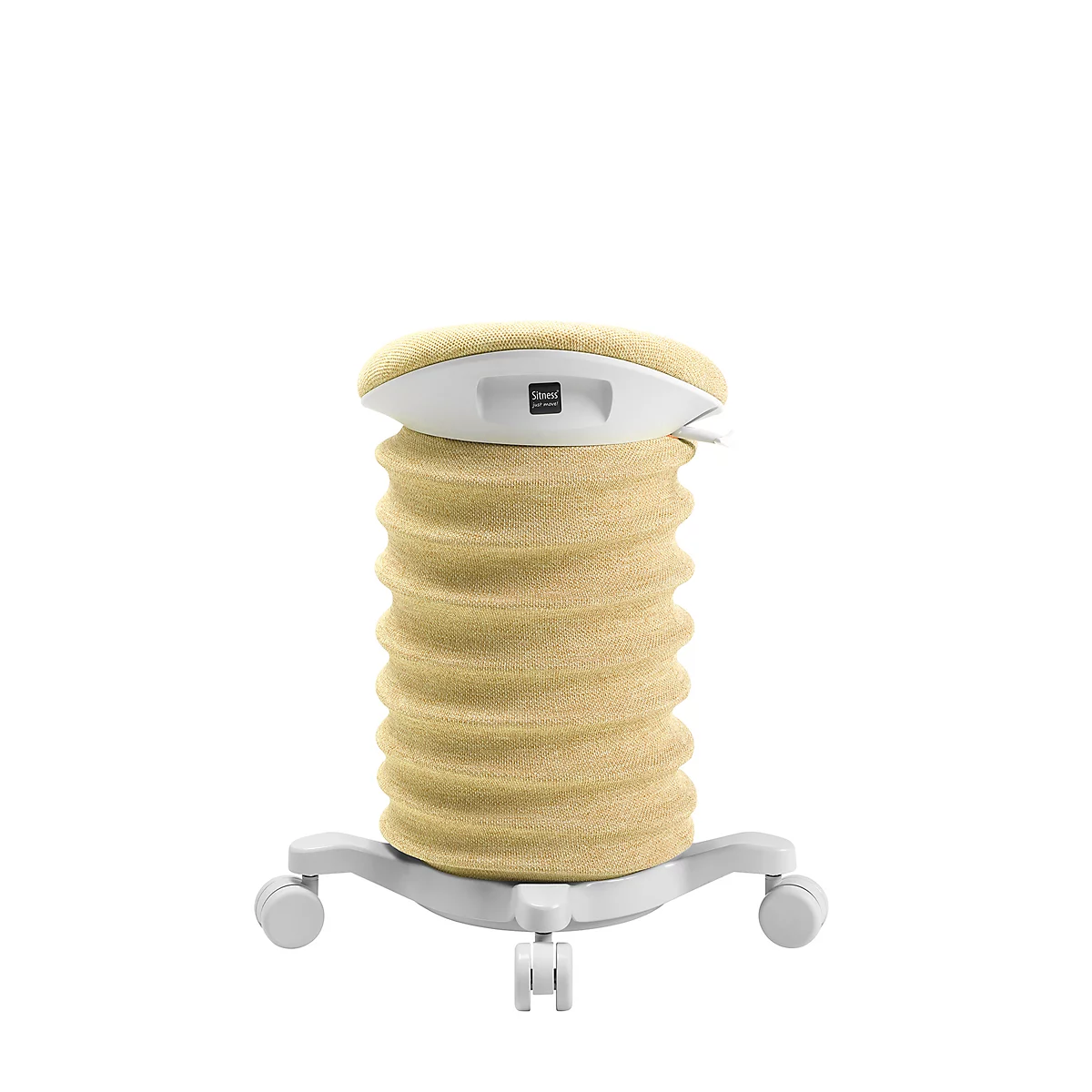 Gelber ergonomischer Bürostuhl mit geriffelter Säule und Rollen auf weißem Hintergrund.