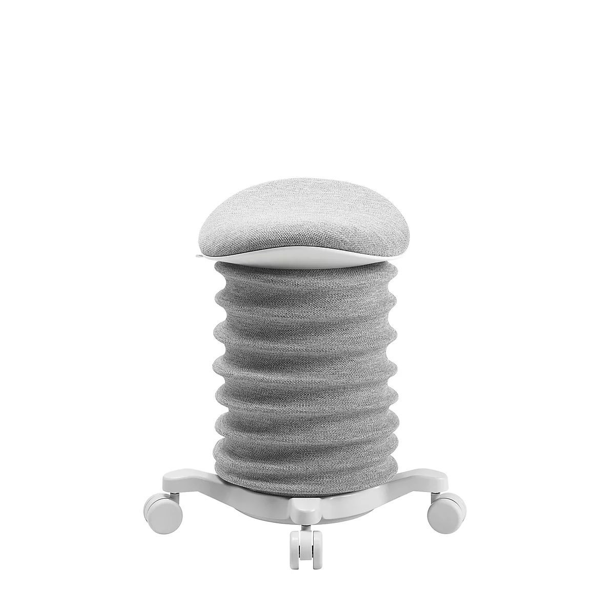 Ein grauer, ergonomischer Bürostuhl, mit federnder Sitzfläche, steht vor weißem Hintergrund.