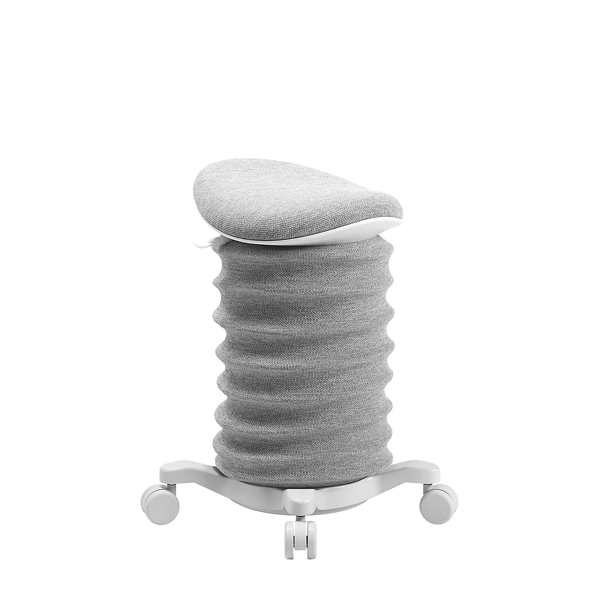 Ein grauer, ergonomischer Hocker mit wellenförmigem Sitz und einer Basis mit Rollen.