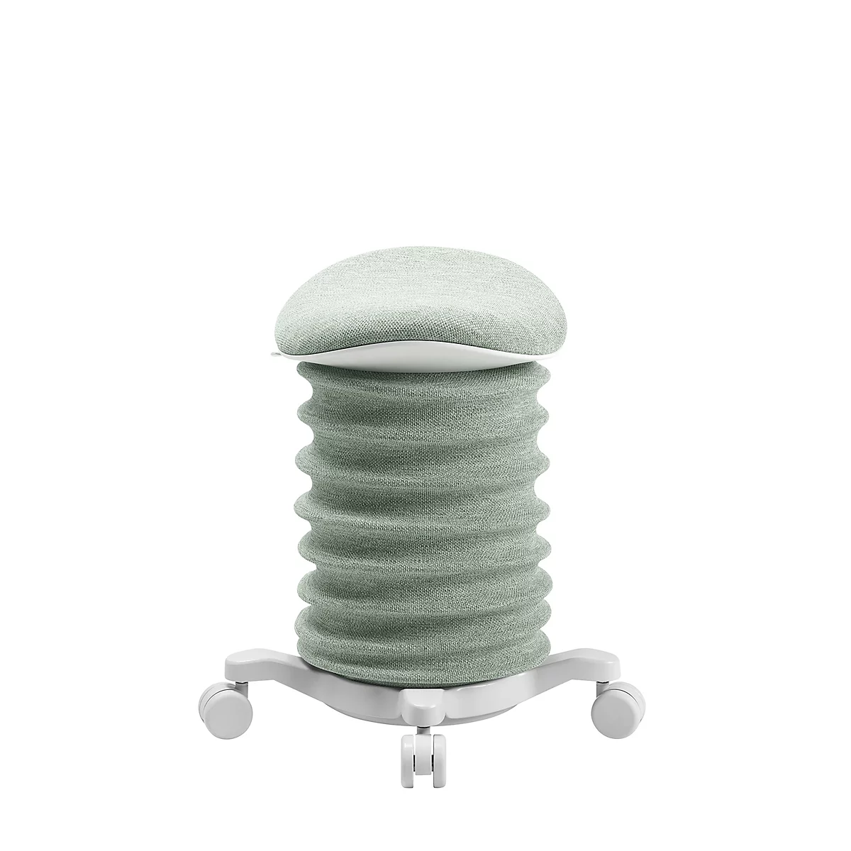 Hellgrüner Bürostuhl mit spiralförmigem Design, weißem Gestell und Rollen, vor weißem Hintergrund.