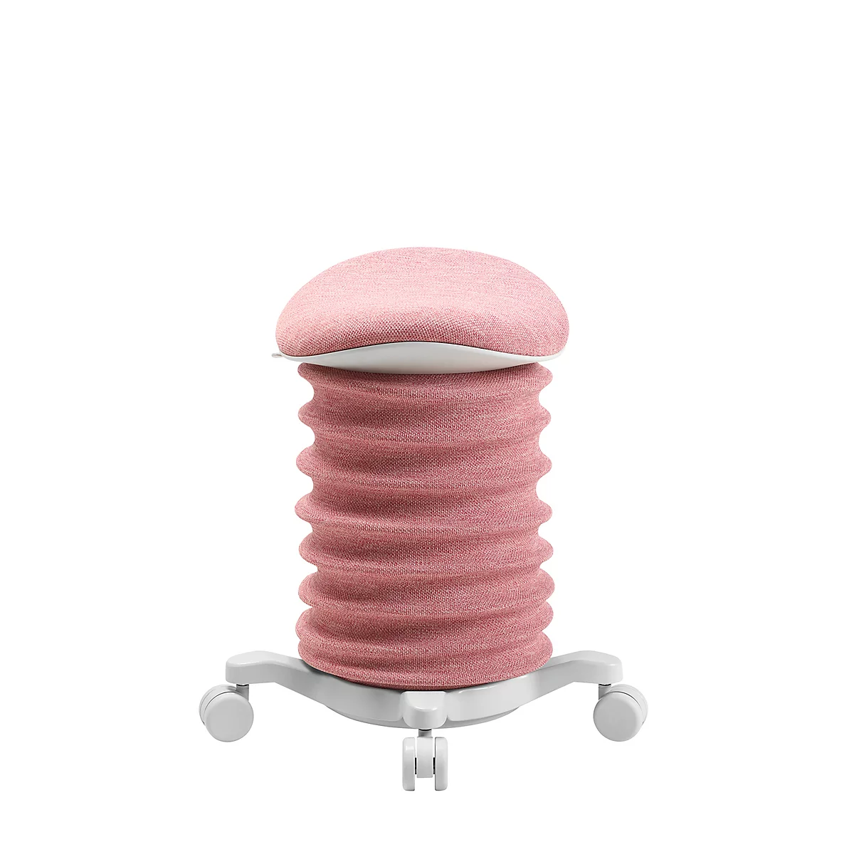 Ein rosa ergonomischer Bürostuhl. Der Sitz ist rund, die Säule geriffelt und die Basis hat Rollen.