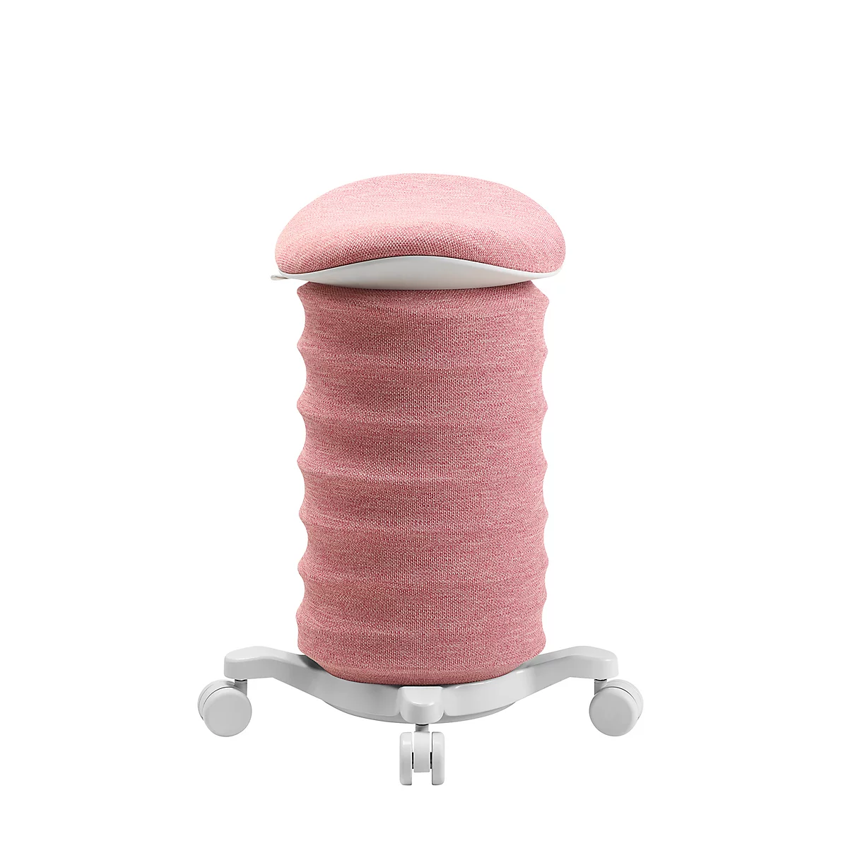 Hocker mit rosafarbenem Sitz und Stoffbezug, auf weißem Hintergrund. Der Hocker hat Rollen und ist höhenverstellbar.