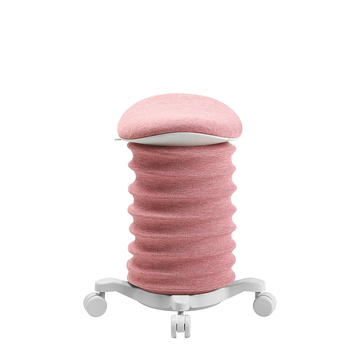Ein rosafarbener, ergonomischer Bürohocker, der vor weißem Hintergrund isoliert ist. Er hat eine gepolsterte Sitzfläche und ein geriffeltes Gestell auf Rollen.