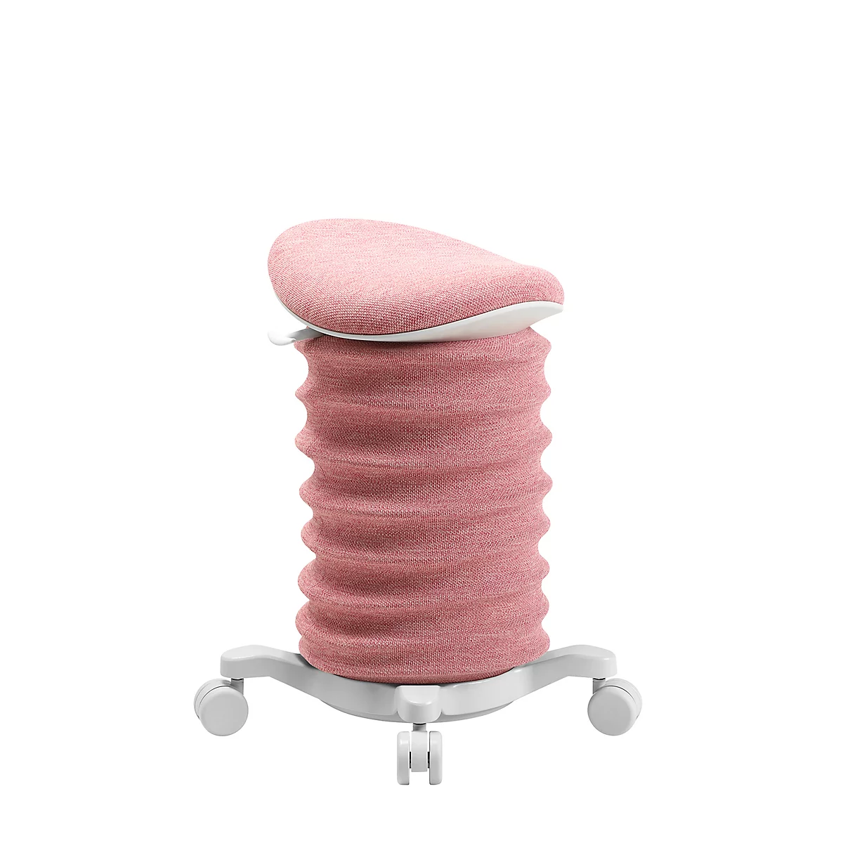 Pinker Bürostuhl mit wellenförmigem Korpus und weißem Gestell, auf weißem Hintergrund.