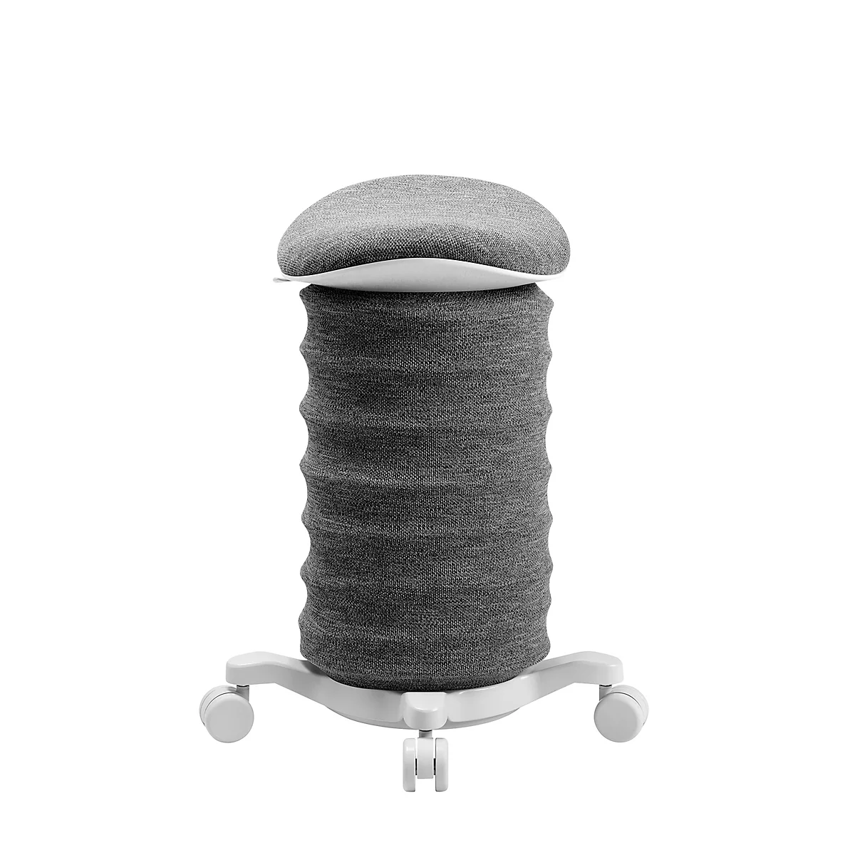 Grauer, runder Hocker mit Textilbezug und Rollen.