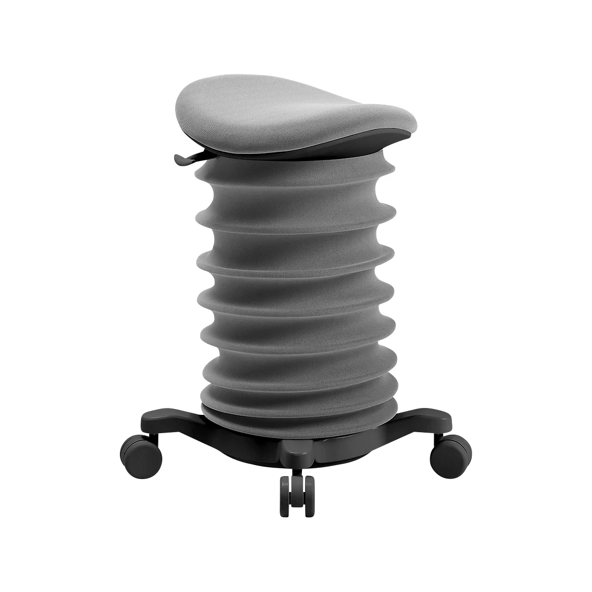 Grauer, ergonomischer Stehhocker mit wellenförmiger, flexibler Säule und Rollen.