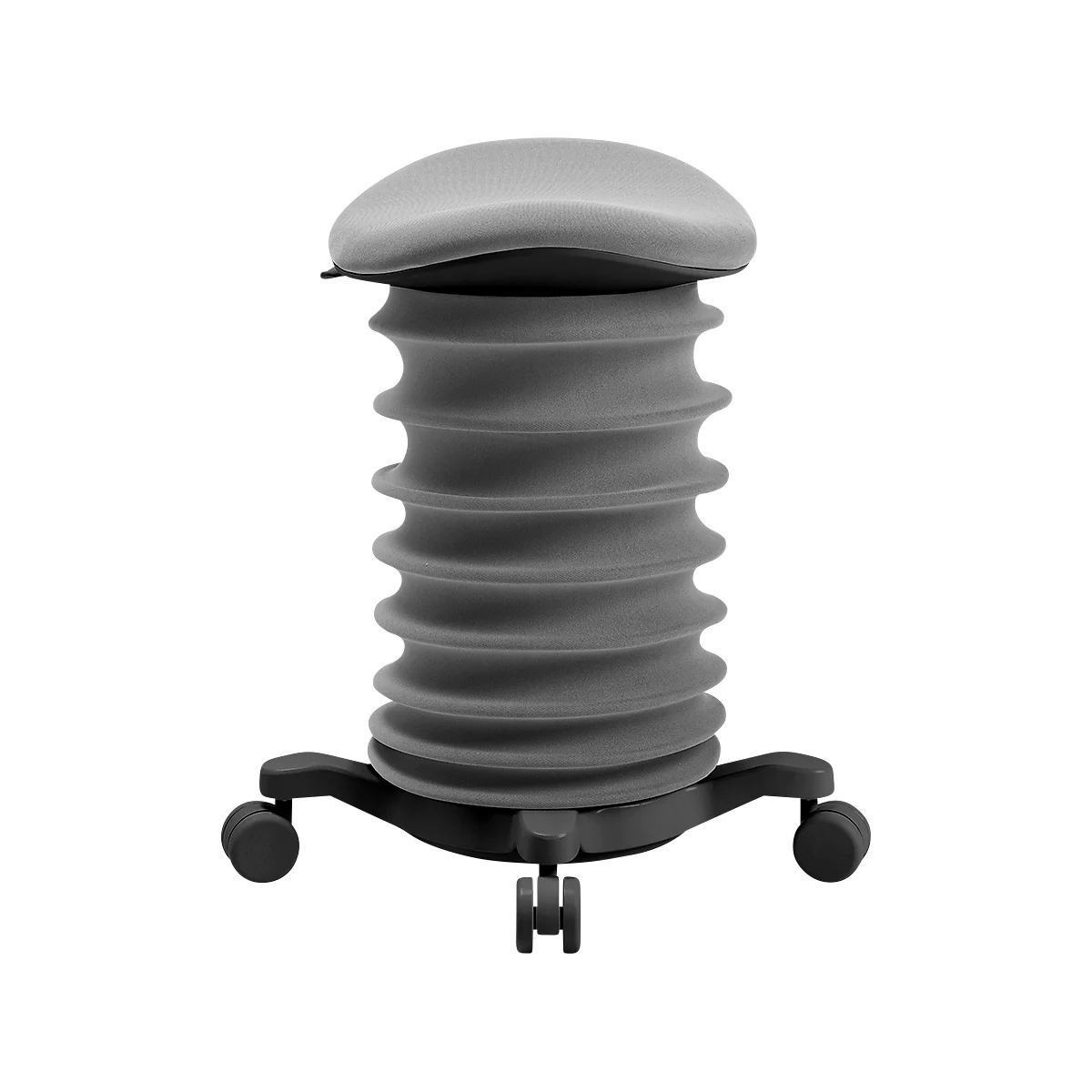 Grauer, runder Hocker mit geriffelter Säule und Rollen.