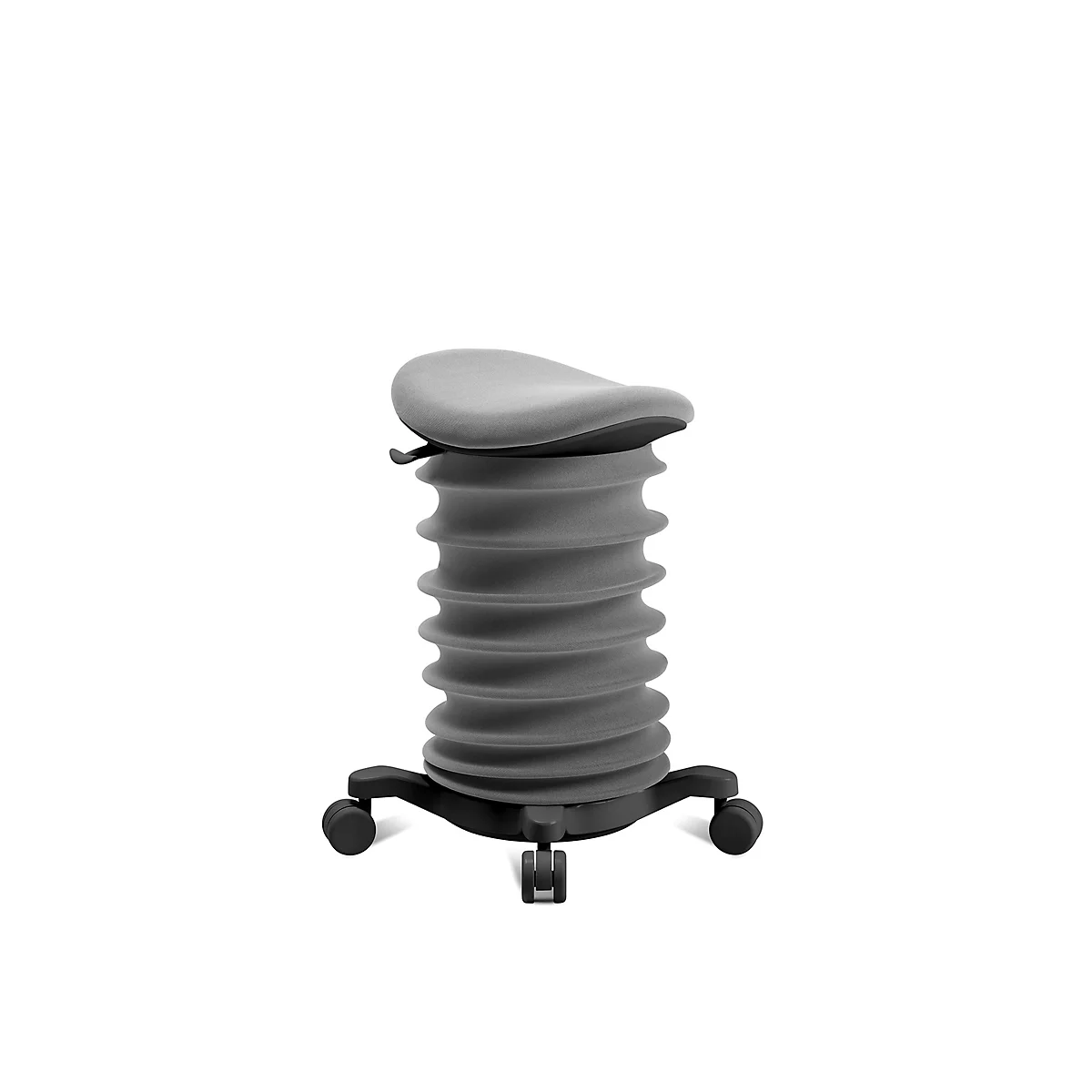Grauer, höhenverstellbarer Hocker mit geriffelter Säule und Rollen.
